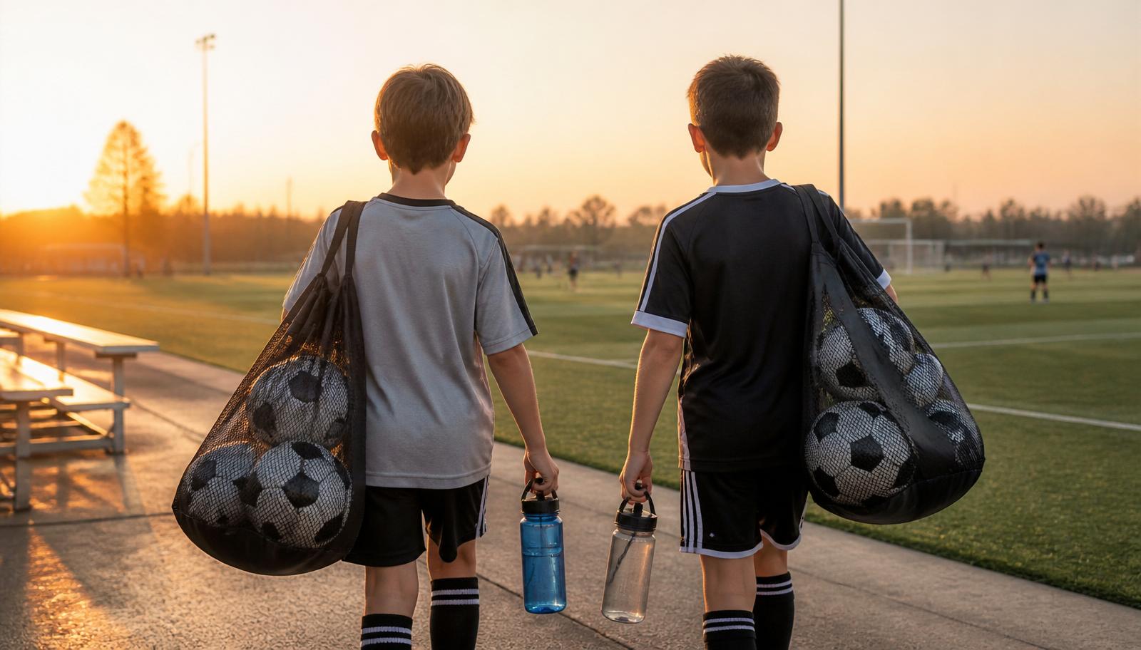 Two youth soccer players carrying ball bags and water bottles walking to a field at sunset