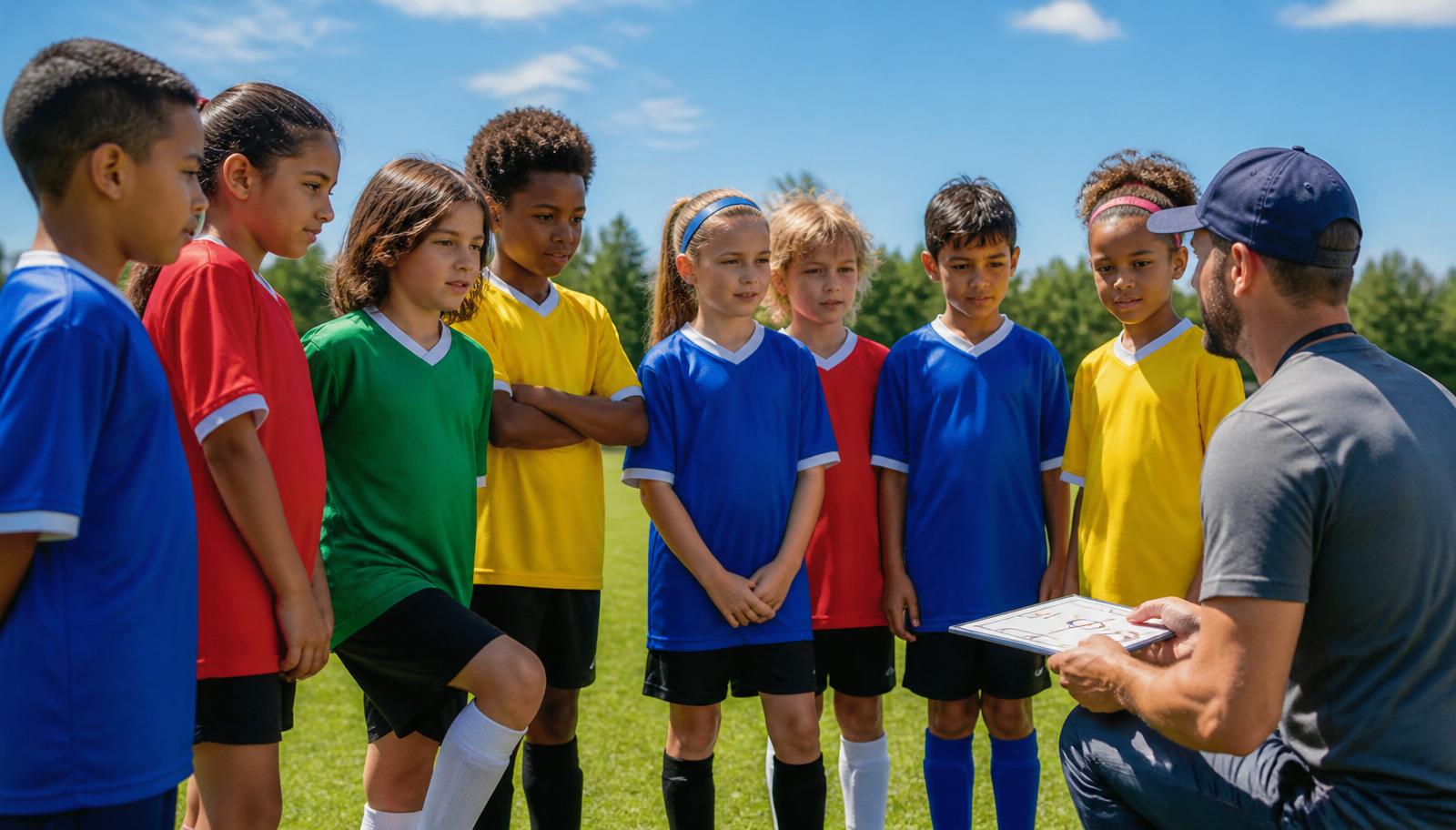Youth soccer team of kids ages 8 to 12 standing together with their coach on a green grass field