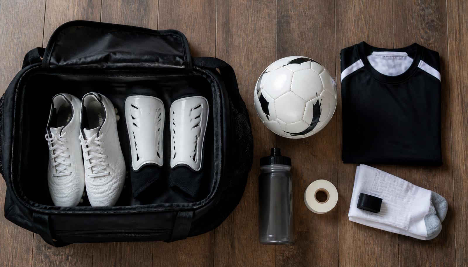 Flat lay of a youth soccer bag with cleats, shin guards, ball, water bottle, and jersey