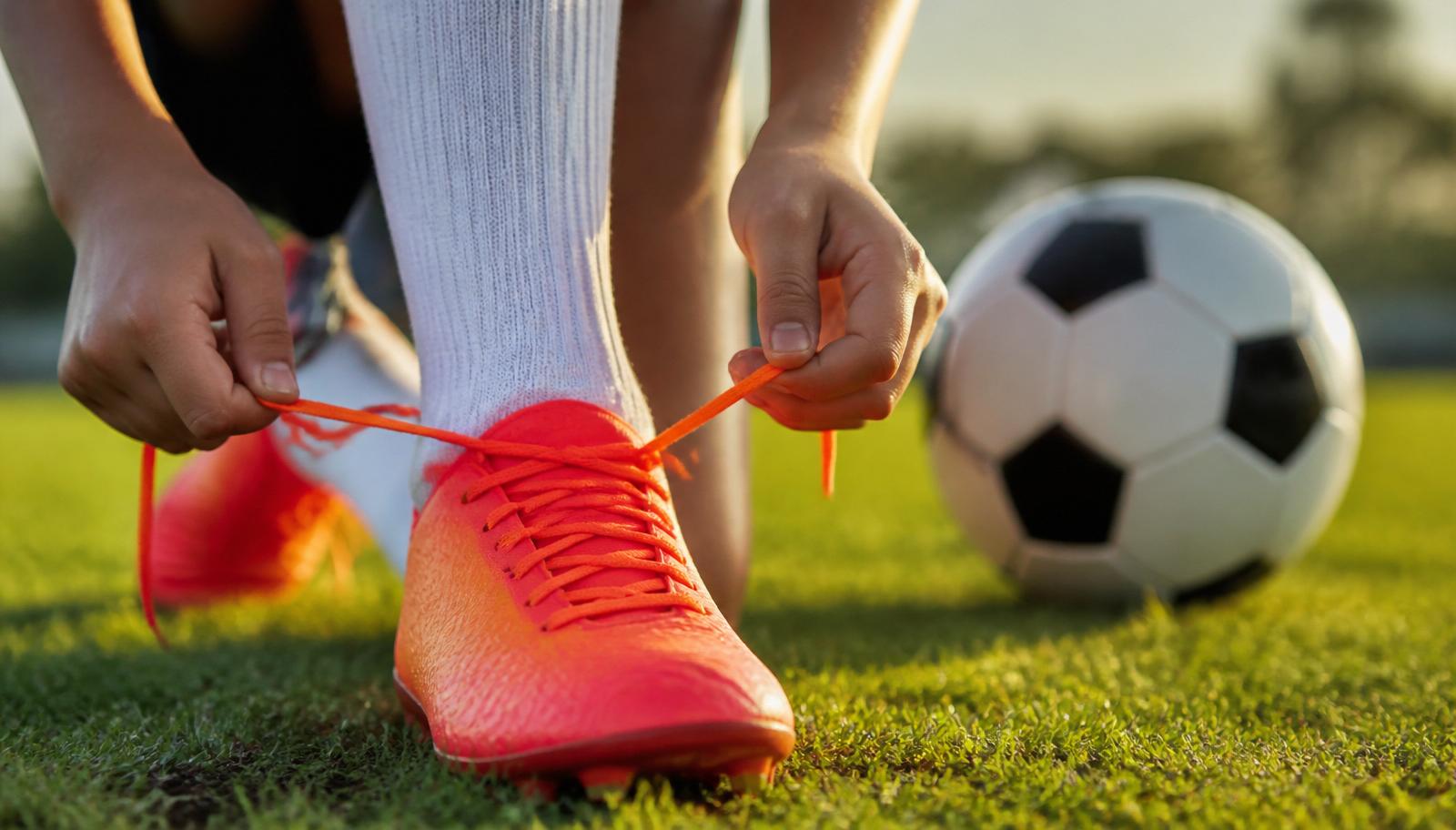 Close-up of a young soccer player lacing up bright orange soccer cleats on a grass field at sunset