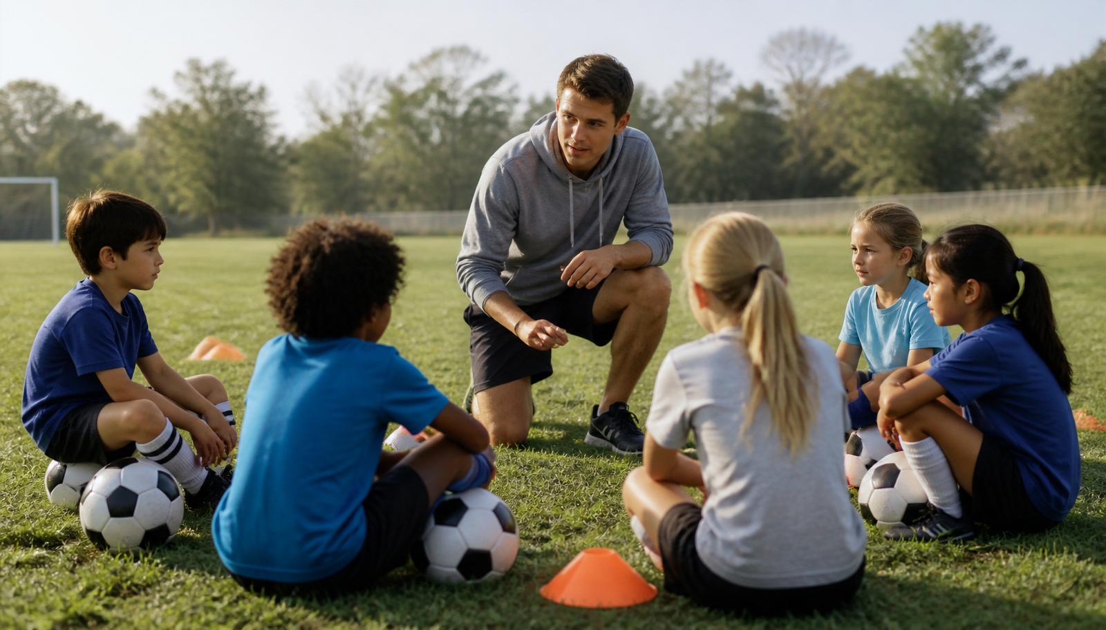 Youth soccer coach kneeling to talk with young players before their first practice